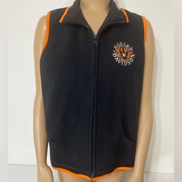 Harley-Davidson Jackets & Blazers - Harley Davidson Women's Medium Black‎ Orange Fleece Zip Up Vest Sturgis SD